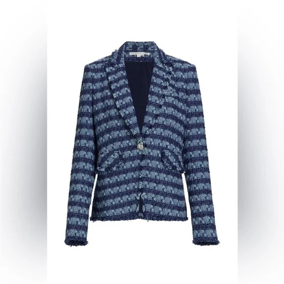 $698 Veronica Beard Cutaway Dickey Jacket Blazer blue luxe fringe trim tweed 8 - Picture 2 of 16